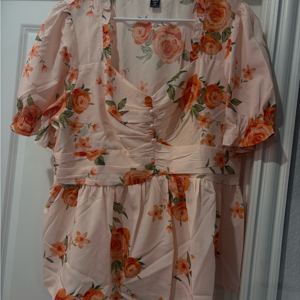 SHEIN Curve Floral Blouse in Pink and Orange